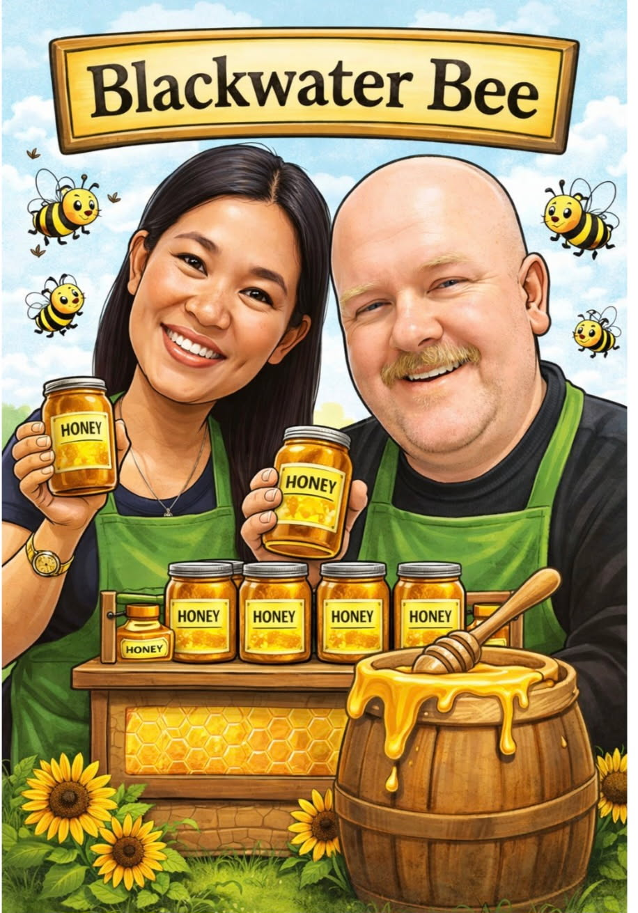 Blackwater Bee illustration of Al and family with honey jars